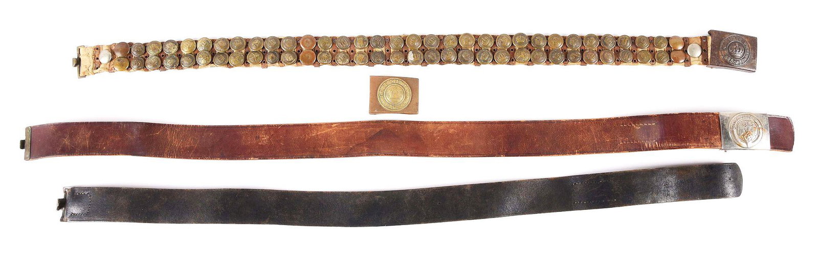 LOT OF 4: GERMAN WWI "HATE BELT", WWII BELTS, AND: Lot contains: (A) World War I "hate belt" made from what appears to be a web US MG belt with 68 German WWI tunic buttons and a belt buckle. Metal belt trim and buckle have freckling throughout, and th