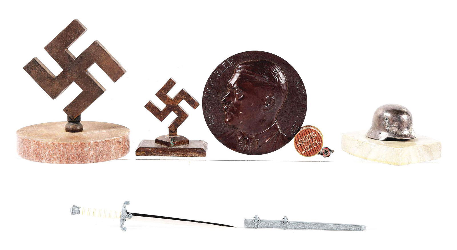 LOT OF 6: THIRD REICH DESK ORNAMENTS, MINIATURE DAGGER,: Lot consists of: (A) German Third Reich Swastika Desk Ornament, measuring 6” in height, resting on top of a 5” in diameter, round marble base. The swastika statue is made of silvered steel