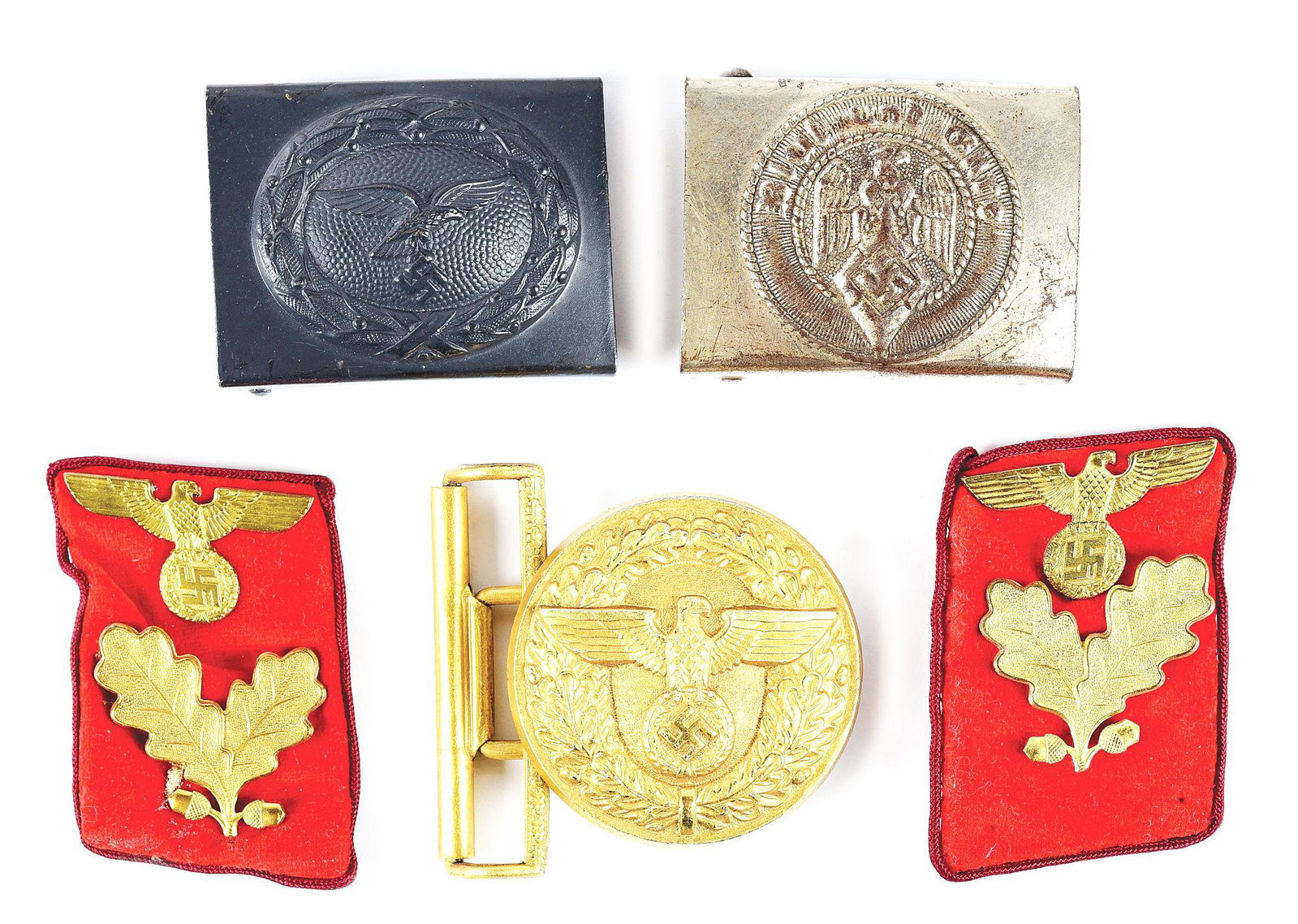 LOT OF 5: THIRD REICH BUCKLES AND COLLAR TABS.: Third Reich buckles and collar tabs. Lot contains a gold finished zinc NSDAP Leader's buckle marked "RZM", "M4/87", and a pair of NSDAP Gauleiter "Bereichsleiter " (Regional Leader) collar tabs with a