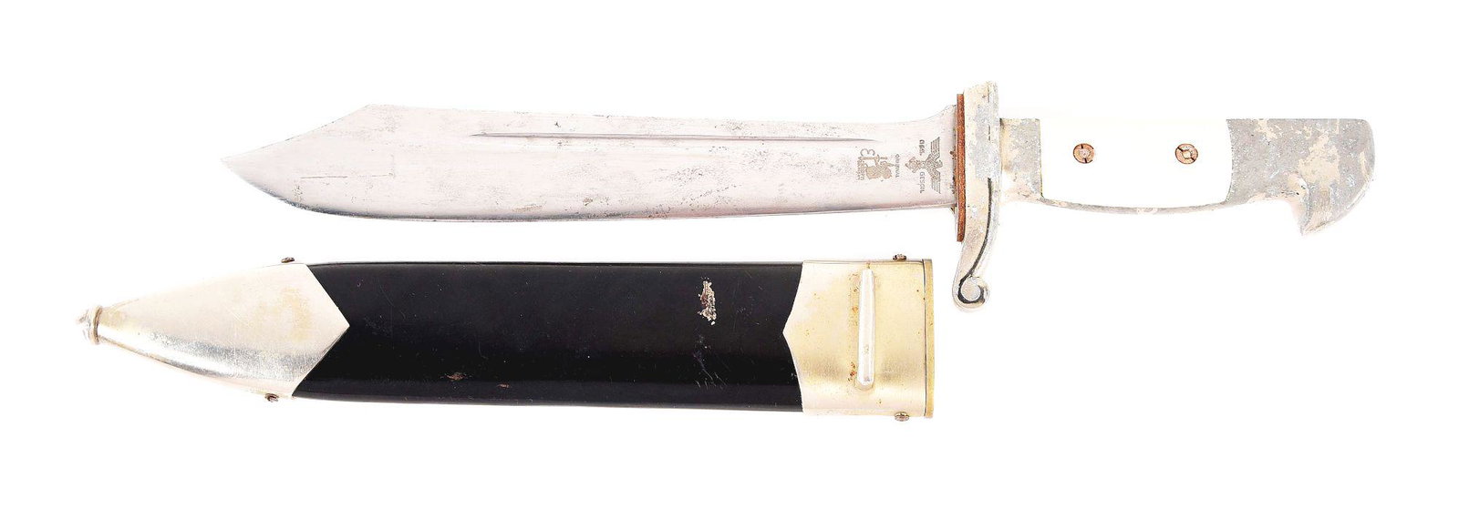 GERMAN WWII TENO DAGGER.: A German Third Reich TENO Subordinates Hewer with nickel plated steel blade maker marked for the firm of Eickhorn. The 9-1/2” blade retains all of its original factory nickel plating, but has de