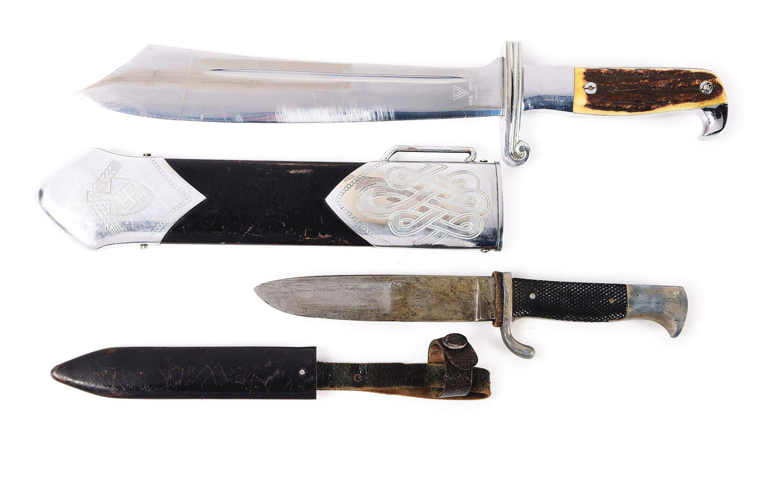 LOT OF 2: THIRD REICH RAD HEWER AND HJ DAGGER.: Lot consists of: (A) German Third Reich RAD Hewer with steel blade maker marked for the firm of Eickhorn. The blade has been heavily polished, wearing the logo almost completely down. Even with the po