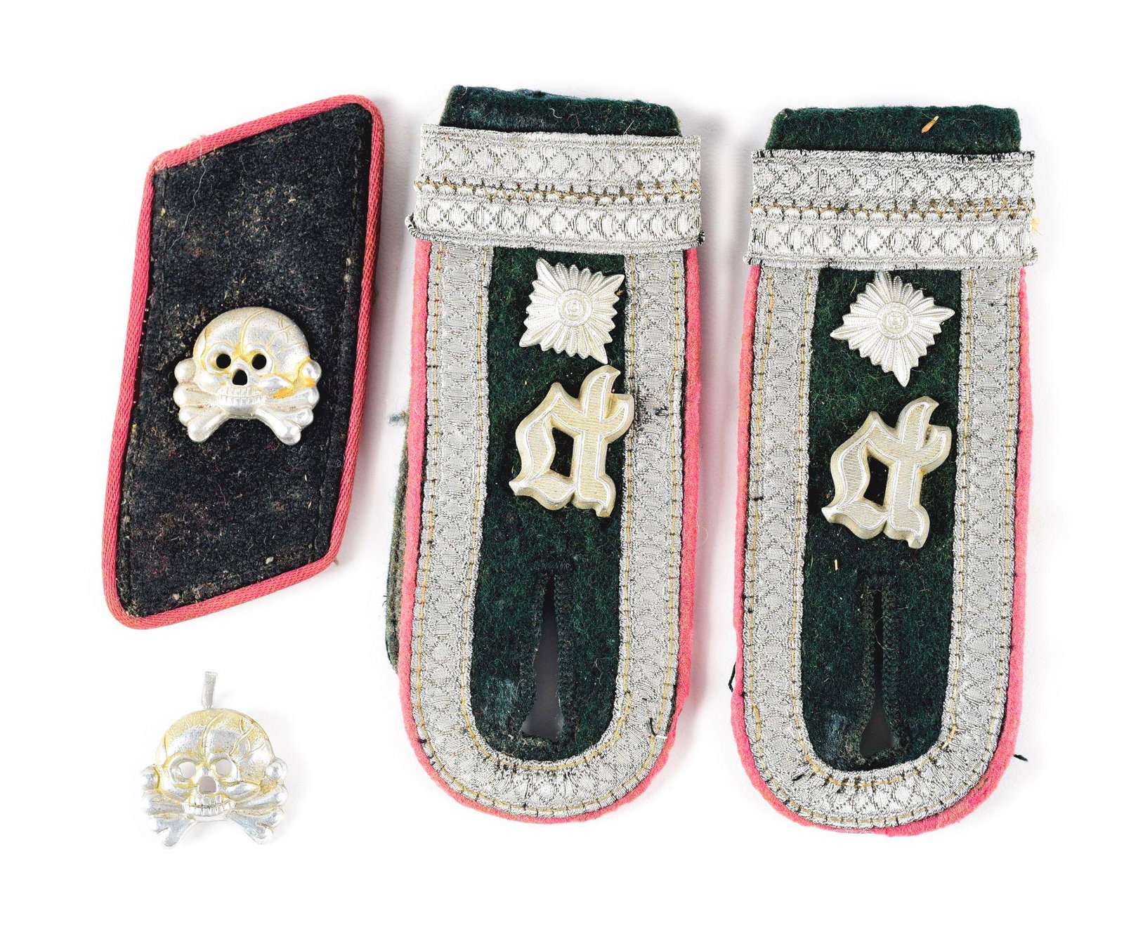 LOT OF 3: GERMAN WWII PANZER INSIGNIA.: Lot consists of: (A) German World War II Panzerjager shoulder board set for a Feldwebel Officer candidate. Set features aluminum cyphers with letter “P”, and single pip. 2 bands of aluminu