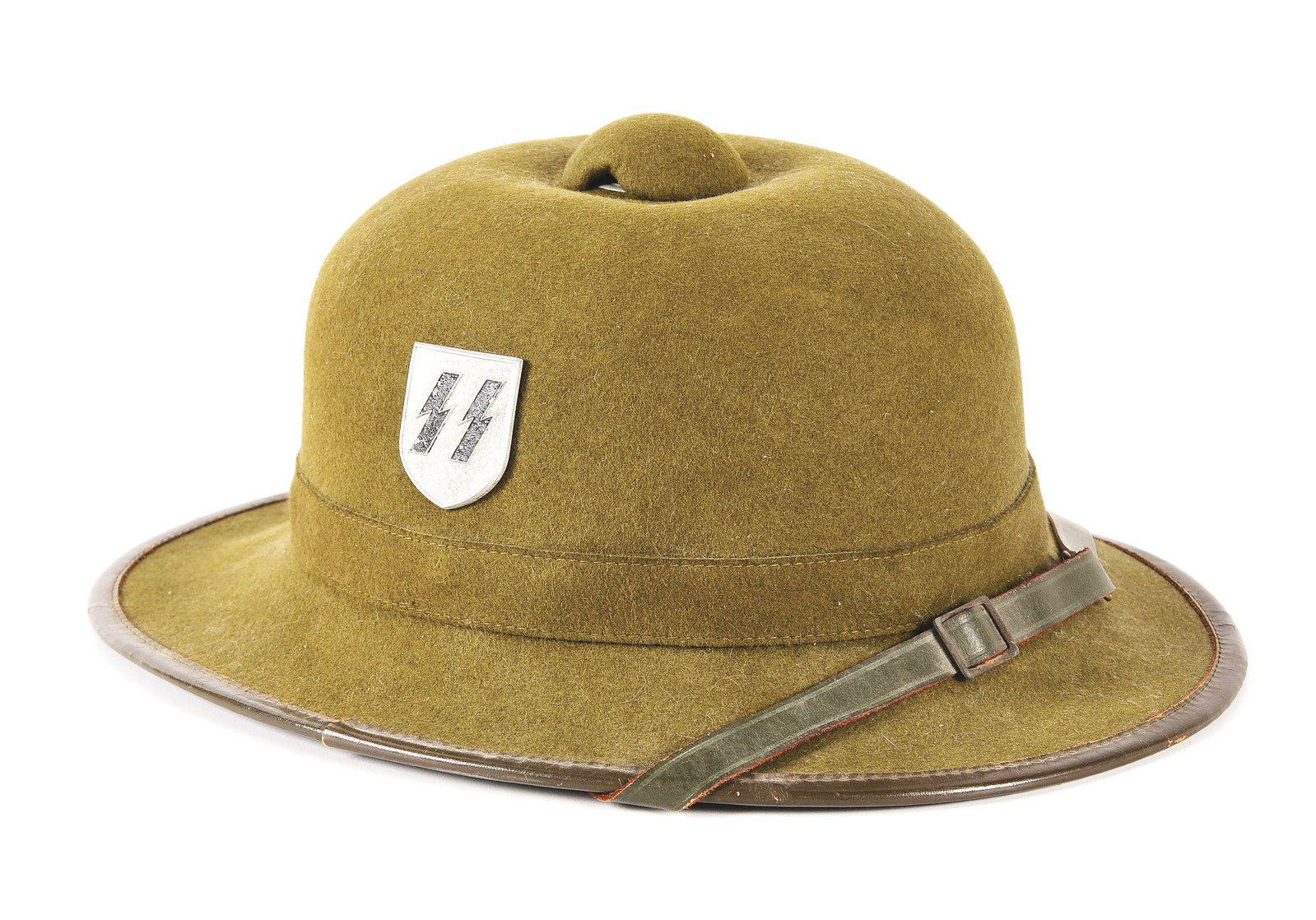 GERMAN WWII SS PITH HELMET.: German World War II 2nd Pattern Pith Helmet with SS shields. The helmet is produced of a dark green felt, which exhibits minimal wear and patina throughout. 2 zinc based shields are attached to each s