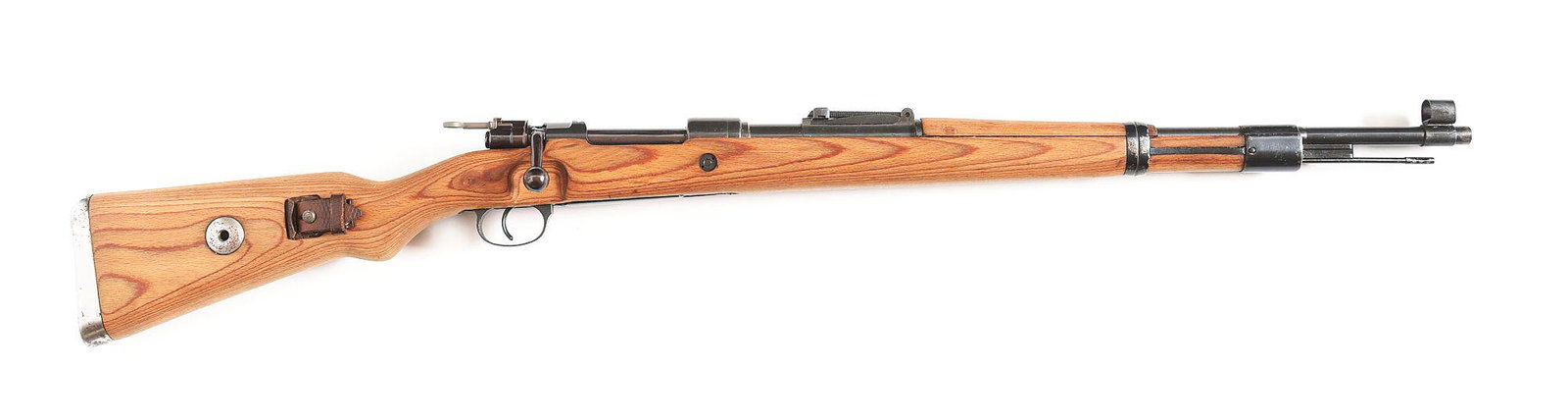 (C) SAUER K98 BOLT ACTION RIFLE.: Mitchell Mauser Import K98 bolt action rifle with "CE" code action dated "44" made by J.P. Sauer & Sohn. Blued 24" round barrel with "MMC" import stamp, hooded inverted V front sight, correct rear sig