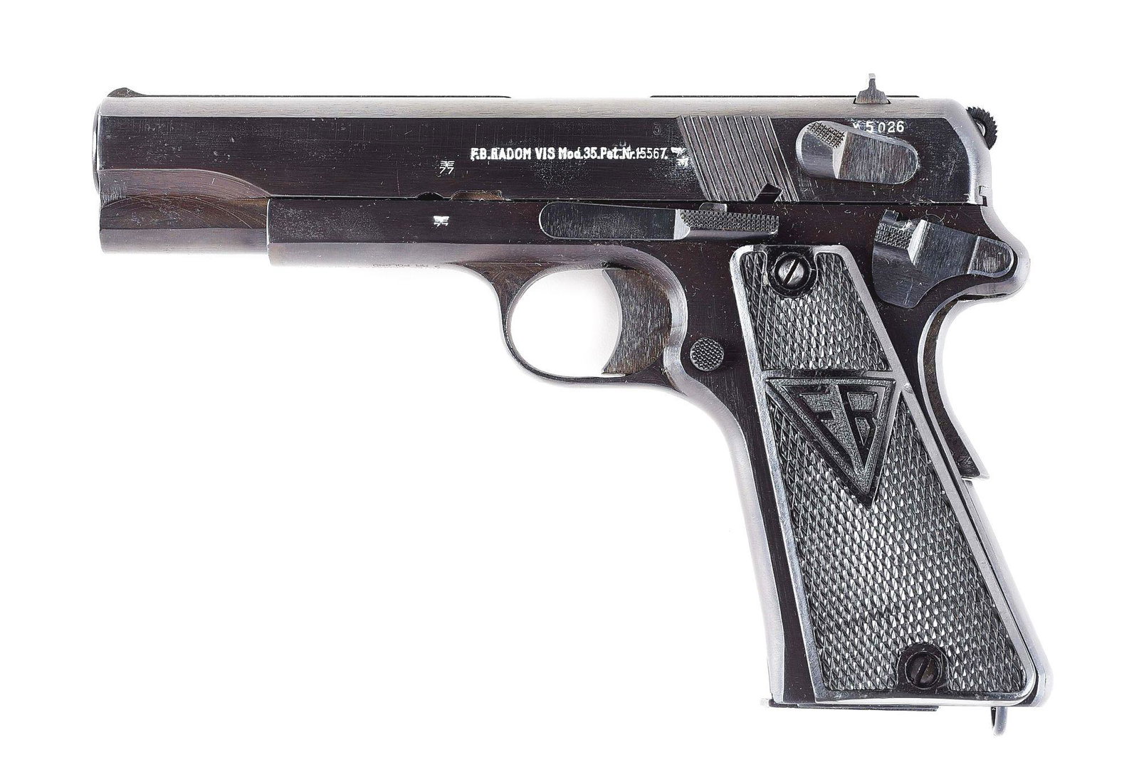 (C) GERMAN OCCUPATION POLISH RADOM VIS-35: German occupation Polish Radom VIS-35 semi automatic pistol. Mid-War, grade II gun with a semi polished appearance and two levers. This is a Russian capture gun. Import marked on the bottom of the fra