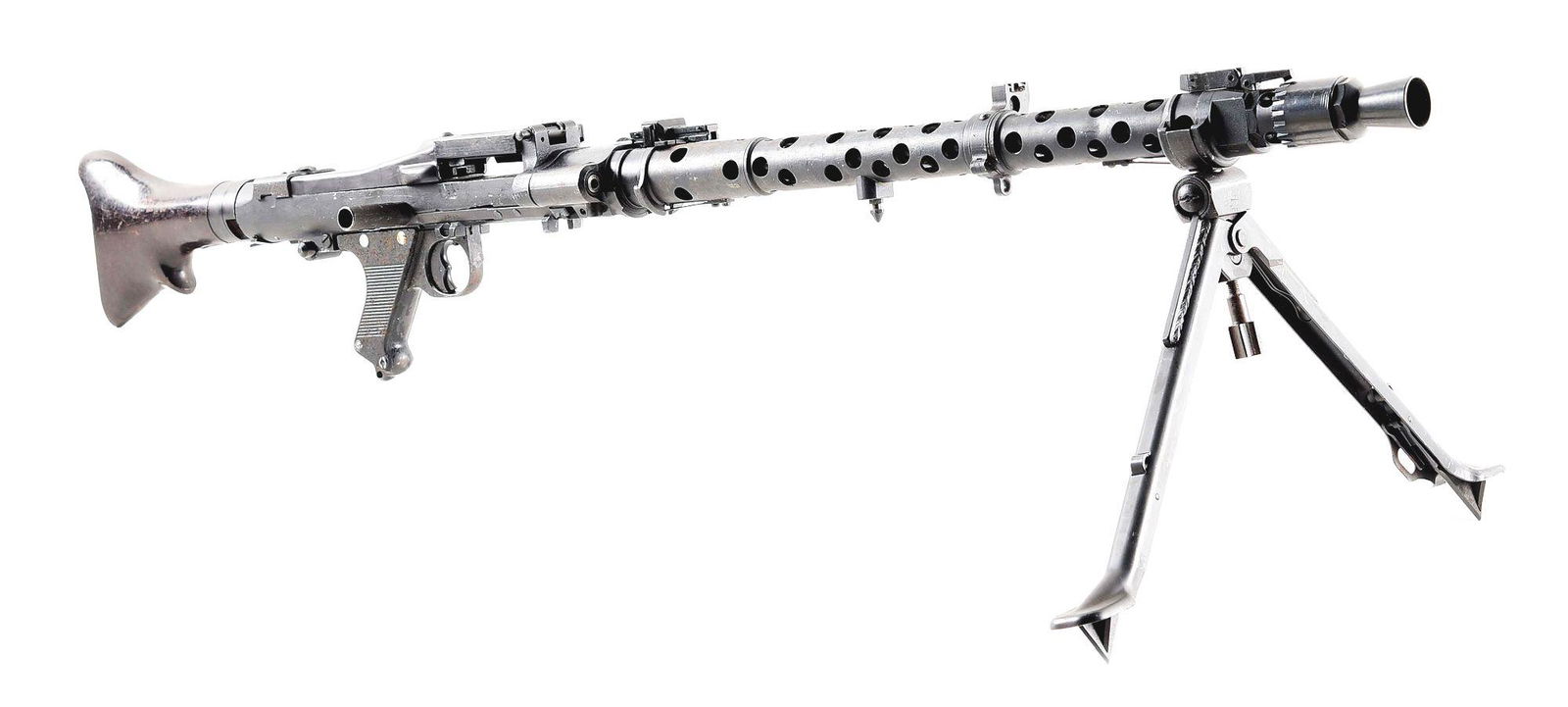 DESIRABLE GERMAN WORLD WAR II MG-34 DISPLAY MACHINE: MG-34 display machine gun assembled from original World War II components on a dummy receiver. Barrel shroud is stamped bears Waffenwerke Brunn's "dot" code above "1943". Receiver cover markings have