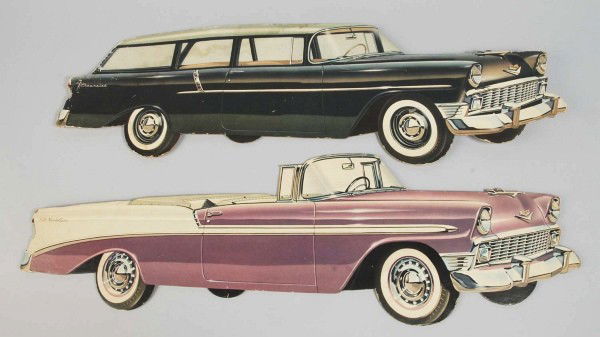 Lot of 2 Cardboard Chevy Car Dealership Die Cuts.: Circa 1956. One is a convertible, the other is a station wagon. Both with easel backs so they can stand up. Some scrapes throughout, mostly at the periphery. Size: Each: 27" L.
