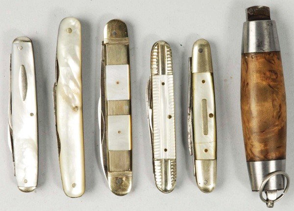 Lot of 6: Folder Pocket Knives.: Circa 1890s to 1925 IXL George Sheffield English 3 - 5/8" 4-blade Congress knife. Has M.O.P. handles, front handle has a crack across center pin which extends the full width of front handle while back
