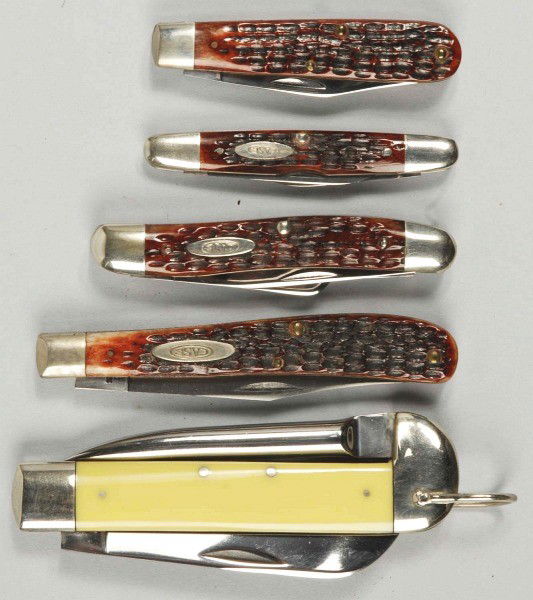 Lot of 5: Case Folder Knives.: Circa 1940 to 1964 Case XX Stainless 4 – 3/8" #3246R 2-blade "Rigger" handled in yellow composite. Mint condition. Circa 1965 to 1969 Case XX Stainless U.S.A. 4 – 1/8" #61048 SSP "Tested XX Stainl