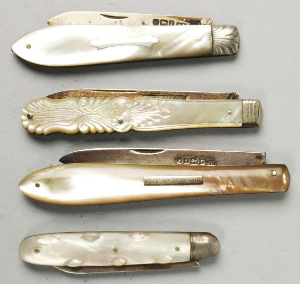 Lot of 4: Fine Pearl Handled Fruit Knives.: Unsigned 3 – 1/8" 1-blade fruit knife handled in carved pearl with a 14 Kt. solid gold worked cover for back spring. Blade is struck fine silver. Great example! Mint condition. Hallmarked 2 – 5/8"