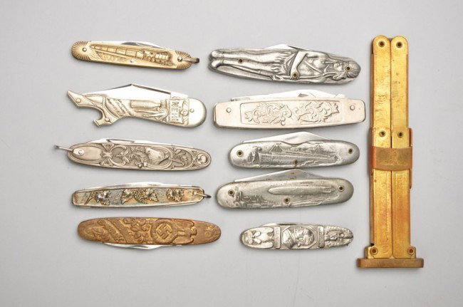 Lot of 10: Modern Metal Handled Knives.: Including a German "Goose Stepper" fantasy knife. Overall near mint to mint condition. Size: Largest: 5 - 3/4" L. CORRECTION – Lot of 11 NOT 10. Corrected on internet and slideshow.
