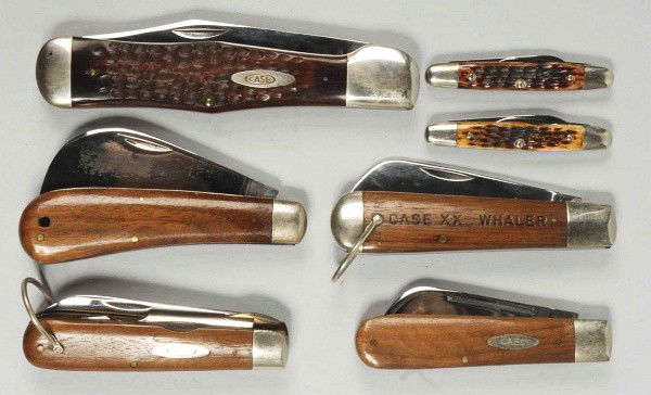 Lot of 7: Case Knives.: Circa 1965 to 1969 Case XX U.S.A. 5 – 3/8" #C61050 SAB 1-blade "Coke bottle". Knife is handled in jigged wood. Mint condition. Circa 1940 to 1964 Case XX 4" #11011 1-blade Prunner handled in walnut.
