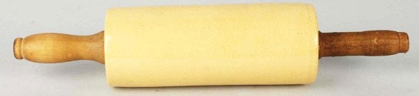 Yelloware Pottery Rolling Pin.: Wooden handles do not match. Some crazing to pottery. Size: 16" L.