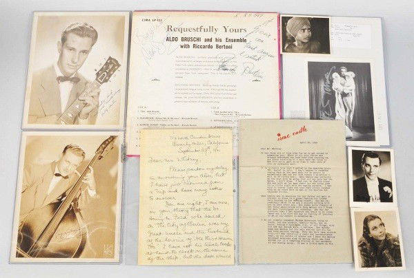 Lot of 9: Autographed Items.: Includes Marlene Dietrich Sp-J. Spence; Aldo Bruschi & Band signed LP Jacket with record; Bobby Denton- musician and politician SP; Elmer Kent- musician SP; Sabu SP; Vivien Leigh SP; Billy Milton SP;