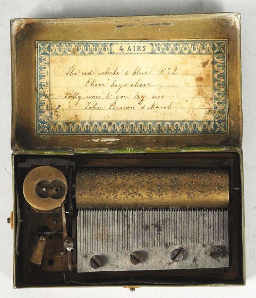 Metal Cylinder Music Box.: Plays well. 2 - 3/4" long cylinder. All combs are intact. Four airs include the Red, White, and Blue, Cheer Boys Cheer, Polly Won't You Try Me, and John Brown's March. Original key. Size: 4 - 1/2" x 2
