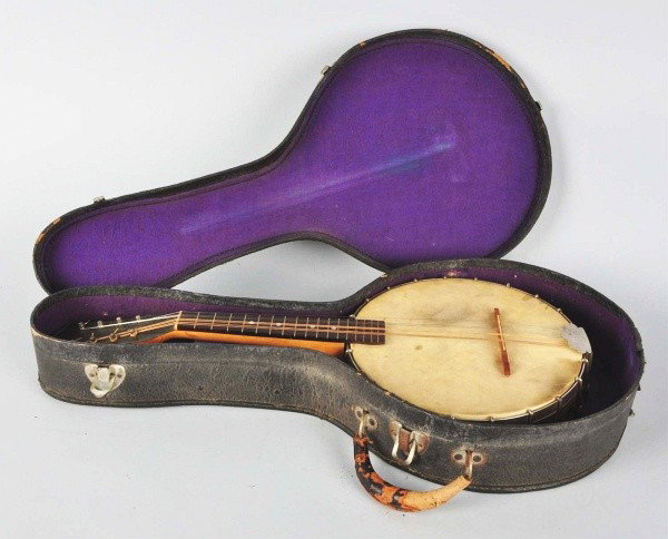 Early Banjo in Original Case.: Pearl inlay but no markings. Plays well. Size: Case: 26" L.