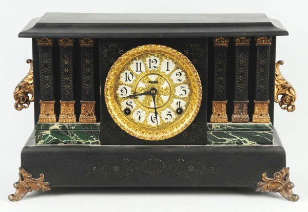 Ingraham Mantle Clock.: Working. Beautiful clock with nice brass dial and ornate casing. Size: