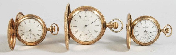 Lot of 3: Pocket Watches.: Illinois Hunter Case, working sporadically, 6 size, 16 jewels, no. 324680, 20 year case. Waltham Hunter Case by C.W.C. Company, working, 17 size, 20 year crescent case. Elgin Hunter Case, working, 7 j