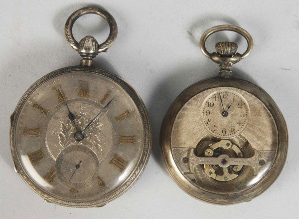 Lot of 2: Pocket Watches.: Brevettato 800 Silver Open Face, working sporadically, no. 2976, patent no. 788-1905. Silver Hunter Case Key-Wind, 18 size, no. 11159, hallmarked silver, unable to open back. Size: