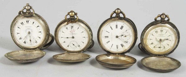 Lot of 4: Pocket Watches.: Monopole 800 Silver Key-Wind Hunter Case, working, 17 size, no. 568/7, no key. Fleury Geneve Georges Favre Jacot Locle Key-Wind, 17 size, 15 rubis jewels, no. 47316, touchup to face roman numeral 8, n