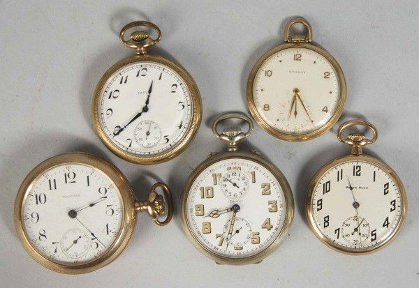 Lot of 5: Pocket Watches.: Doxa Alarm, no. 146157, right wind time, left wind alarm, hinge back with dust cover. Waltham Open Face, 14 size, 15 jewels, no. 3340177, screw back. Elgin Open Face, working, screw back, Keystone cas