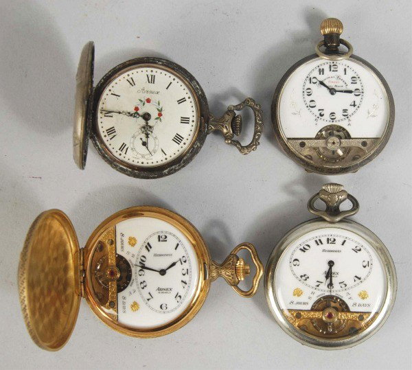 Lot of 4: Pocket Watches.: Hebdomas 8 Day Hunter Case, working, 15 jewels, unable to open back. Arnex 8 Day, working, 15 jewels, deer on back. Arnex, working, antelope and hunter on back, unable to open back. Hebsomas 8 Day wit