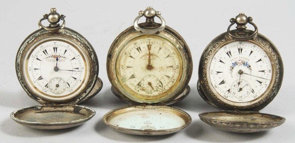 Lot of 3: Hunter Case Pocket Watches.: 800 Silver Dent from London Key-Wind, working, 17 size. K. Serkisoff Key-Wind by Billodes, working, 17 size, no. 740029. Size: