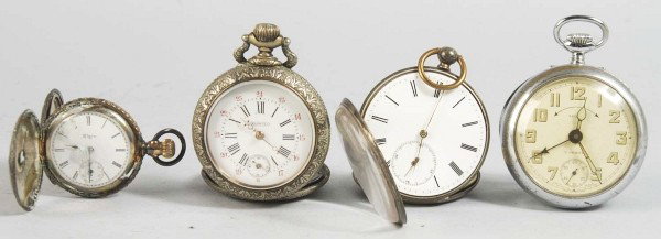 Lot of 4: Pocket Watches.: Cylinder Escapement Key-Wind, 12 size, 4 holes jeweled. Surete, working, 12 size, no. 364585. Elgin Ladies Hunter Case, working, 8 size. Apollo with Alarm, working. Size:
