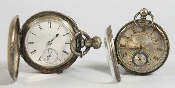 Lot of 2: Pocket Watches.: Elgin Coin Silver Hunter Case, working, 14 size, dated 1887. Silver Fancy Face Key-Wind, 16 size, unable to open back. Size:
