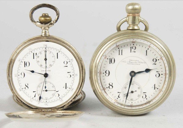 Lot of 2: Men's Silver Pocket Watches.: Paillard Railroad, working, 18 size. Zenith Silver Open Face 16 size, no. 2697008. Size: