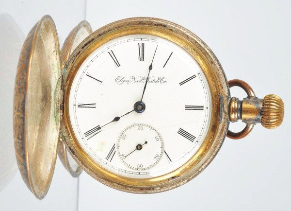 14K Gold Elgin Hunter Case Pocket Watch.: Working, no. 90023, 25 year case, has a face crack, 20 size. Size: