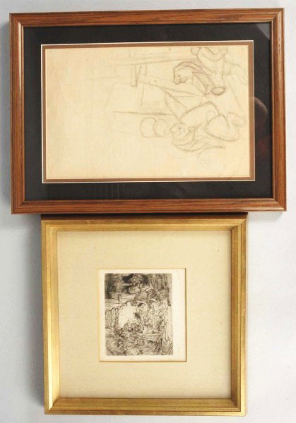 Lot of 2: Framed Sketches.: Includes the Adoration of the Shepherds with a lamp, artist Rembrandt Van Rijn, original etching and letter of authenticity. Also a pencil sketch by Thomas Hart Benton from his drawing pad, two-sided 