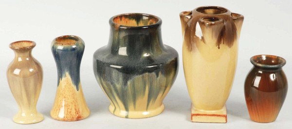 Lot of 5: Blended Muncie Pottery Vases.: Includes one square foot strawberry vase, one large wide-shouldered blended glaze vase with incised artist initials, and three smaller vases (one with very unusual shading to peach). Size: Largest: 8 