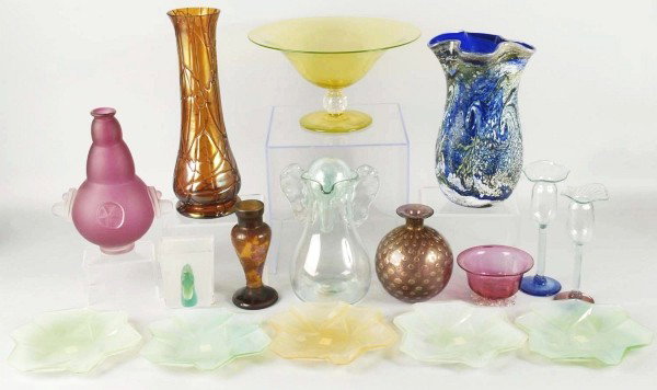 Lot of 16: Assorted Art Glass Pieces.: Includes one unsigned Palme Koing amber vase, one large control bubble compote attributed to Pairpoint, one small cameo signed vase with crack, one Italian control bubble vase with ground and polished