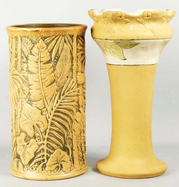 Lot of 2: Weller Pottery Pieces.: Includes one umbrella stand with fern, leaf, and flower pattern and one spider crack on bottom and one pedestal base with fine crazing overall. Size: Largest: 21 - 1/2" T.