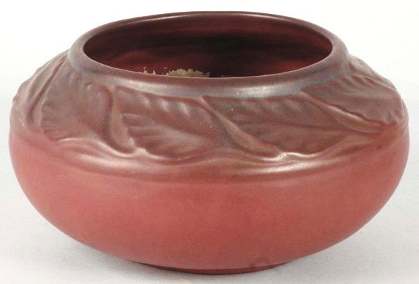 Vintage Van Briggle Mulberry Rose Bowl Form Vase.: Large stylized leafage running in a horizontal band around top. Glazed dirty bottom. Calcium deposits inside of vase suggest use. Size: 6" T.