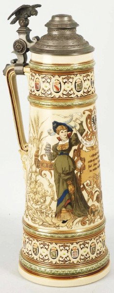Mettlach 5-Liter Beer Stein.: Dated 1897. Incised on bottom with the Mettlach stamp and 1161. Five liter stein with a pewter top and eagle thumb rest. Shows two beautiful women in feathered hats. No chips, damage or cracks. Lid fi