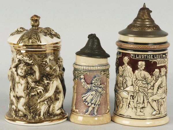 Lot of 3: Steins.: Includes two German pottery and one is Capodimonte. Capodimonte stein is a quarter-liter with a cracked lid and crack into body, one quarter-liter German pottery stein depicts a girl throwing a ball a
