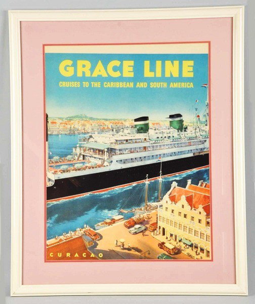 Framed Grace Line Ship Poster.: Framed under glass. Size: 36 - 1/2" x 30".