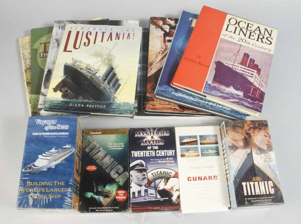 Lot of 70+ Ocean Liner Books & Videos.: Many books on the Titanic, cassette of the Titanic with DiCaprio, Royal Caribbean CD of building ships, many small books, and references. Size: