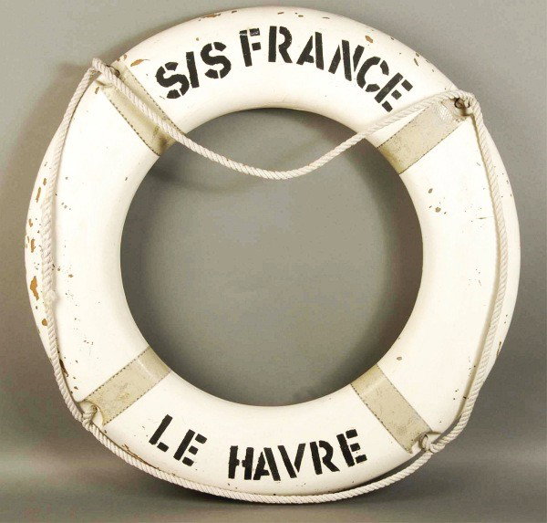 SS France Original Large on Board Life Ring.: Moderate paint loss. Size: 29" Dia.