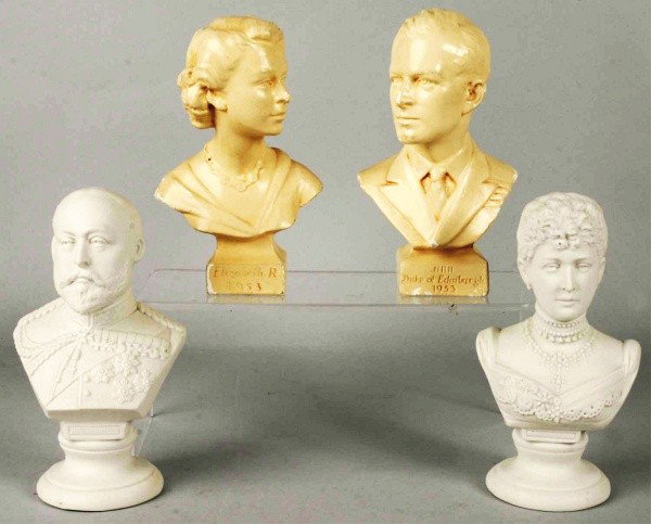 Lot of 2: Pairs of Statues.: One pair of the Duke of Edinburgh dated 1953 and Queen Elizabeth II dated 1953. Also includes one pair with King George V and his Queen. No damage or repairs. Size: Largest: 7 - 1/2" T.