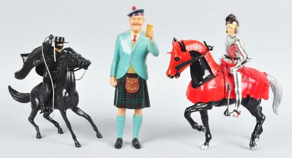 Lot of Vintage Plastic & Rubber Character Figures.: American. Includes Zorro on horse, Silver Knight on horse, and large Scotsman drinking a beer. Some damage throughout. Size:Largest: 13" T. CORRECTION – The Zorro is Marx, the Knight is Ideal, and