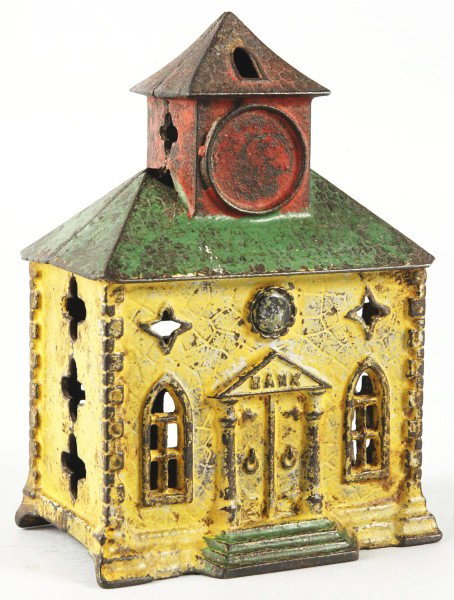 Cast Iron Town Hall Still Bank.: Manufactured by Kyser & Rex. Nice yellow, red, and green paint. Size:4 - 3/4" T.