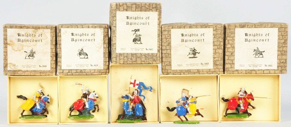 Lot of 5: Britains Knights of Agincourt Figures.: Series from No. 1659 to No. 1663, all in their original boxes. Figures are marked "Britains Ltd. Made in England" on bottom. All boxes with paper inserts and nice paper labels, some with water stainin
