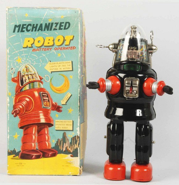 Tin Robot Battery-Operated Toy.: Japanese. Made by T.N. Working. Robby the Robot knockoff. All original and no cracks in dome. Clean battery box. Very little wear overall. Includes original box with some creasing and one five-inch pi