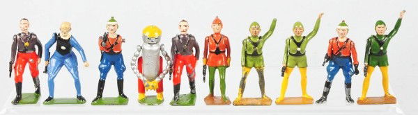 Lot of 10: Britains Buck Rogers Premium Figures.: Circa 1936. Diecast Cream of Wheat premium set includes one Mekkano Man, one Dr. Huer with removable arms, three Buck Rogers (one missing base), three Ardala, and two Killer Kane. All figures marked "