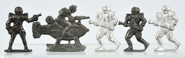 Lot of Buck Rogers Metal Figures & Paper Items.: Includes five metal figures and six vintage advertisements from magazines. Size:Largest: 16" x 11 - 1/4".