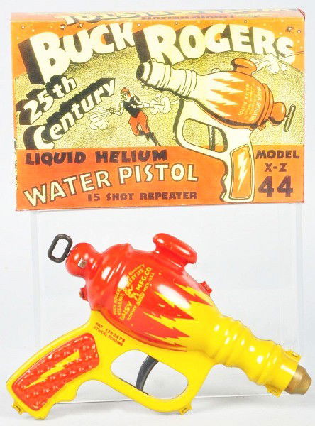 Daisy Buck Rogers Liquid Helium Water Pistol.: Circa 1936. Model XZ44. Gun has very little wear. Includes reproduction box. Extremely difficult to find this gun in this condition. Size:7" L.