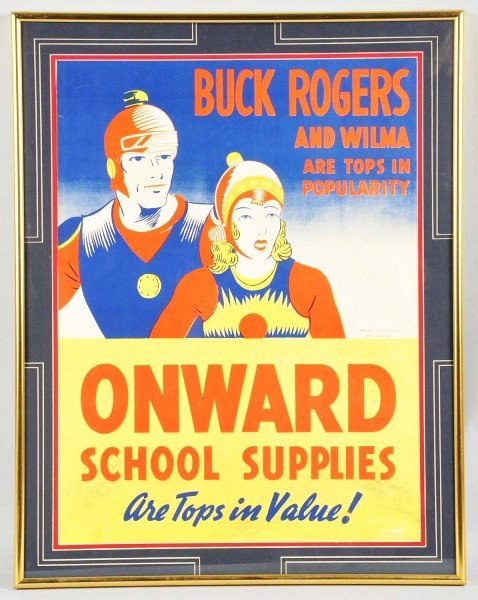 Buck Rogers School Sale Top Flight Value Sign.: Two-sided sign with Buck and Wilma pictured on one side and school sale with rocket pictured on the opposite side. Sign is framed and only the Buck and Wilma side is visible. Some creasing and wear ov